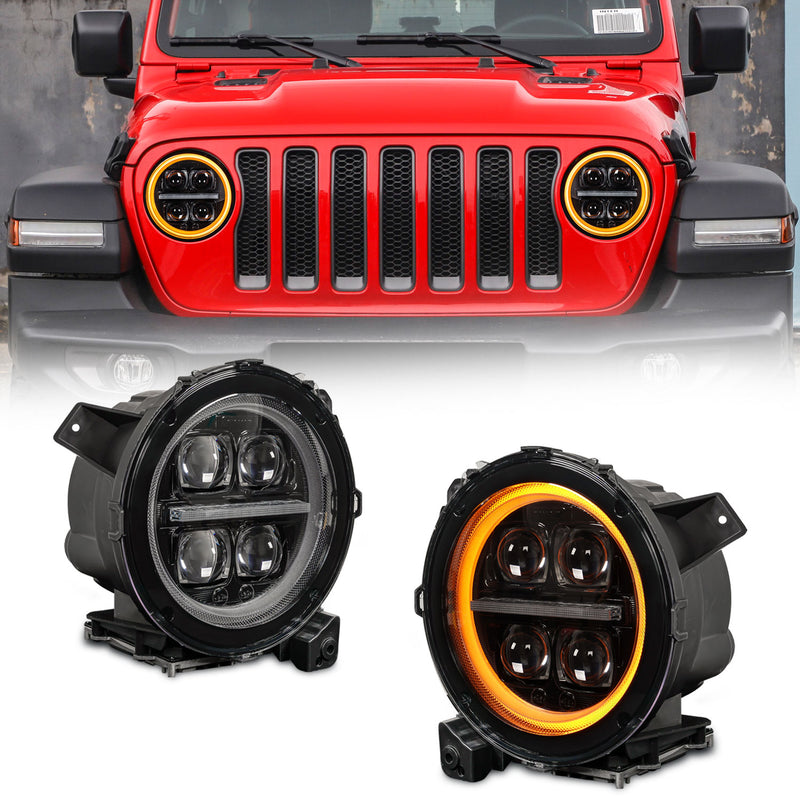 9" 3D Four Lens-Type Jeep Wrangler JL 4xe Gladiator LED Headlights Featuring a Dynamic Welcome Sequence, Integrated DRL, and Turn Signals