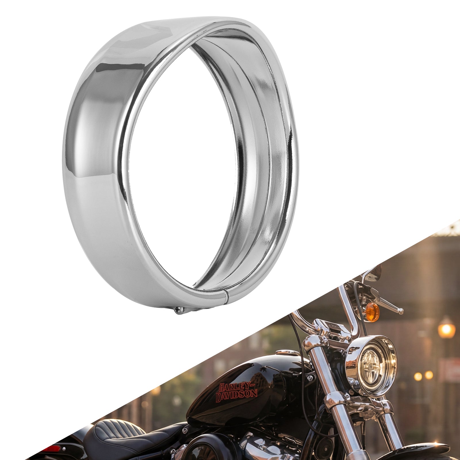 Premium 5.75" Visor-Style Headlight Trim Ring for Harley-Davidson in chrome finish, enhancing front headlight.