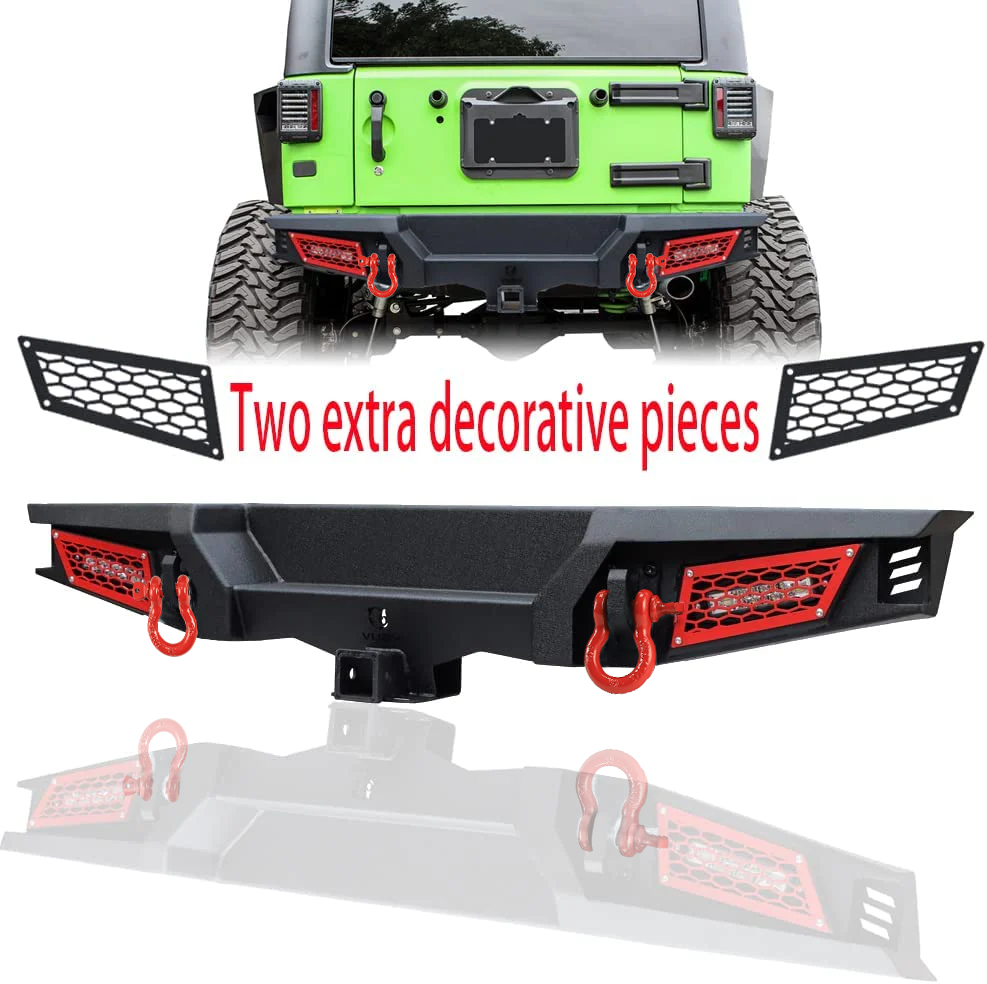 Jeep Wrangler Rear Bumper with LED Lights, D‑Rings & 2″ Receiver Hitch – Fits 2007‑2018 JK JKU