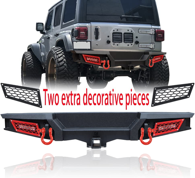 Jeep Rear Bumper Textured Black w/2x 18W LED Lights & Hook Receivers and 2X 4.75T D-Rings Compatible With 2018-2024 Wrangler JL & JLU