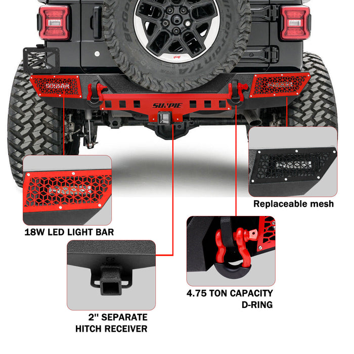 Jeep JL/JLU Rear Bumper with License Plate Holder and License Plate Light D-Rings Integrated 2-inch Receiver Hitch