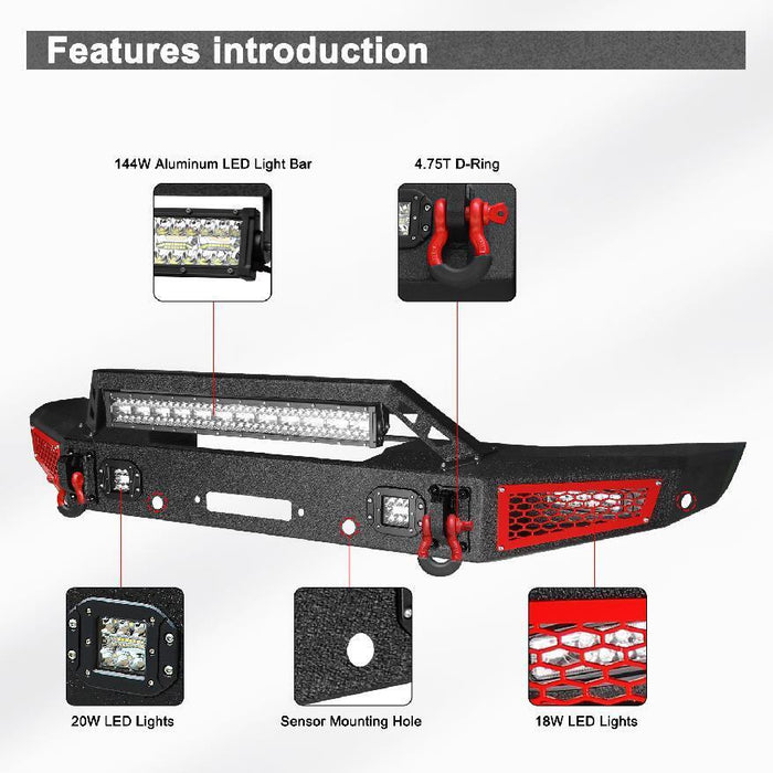 Ford Bronco Steel Front Bumper with Winch Plate and 5 LED Lights D-rings