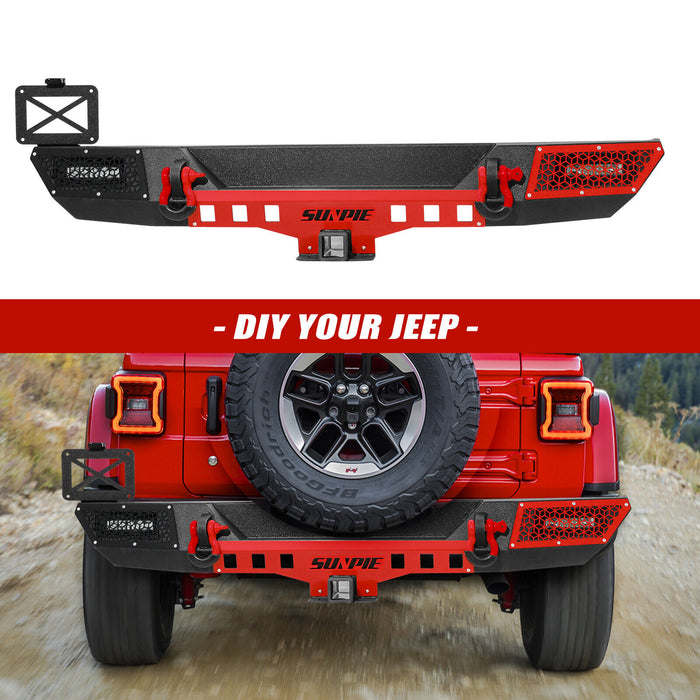 Jeep JL/JLU 4xe Rear Bumper with License Plate Bracket and Lights, Sensors Holes, D-Rings, and 2" Receiver Hitch