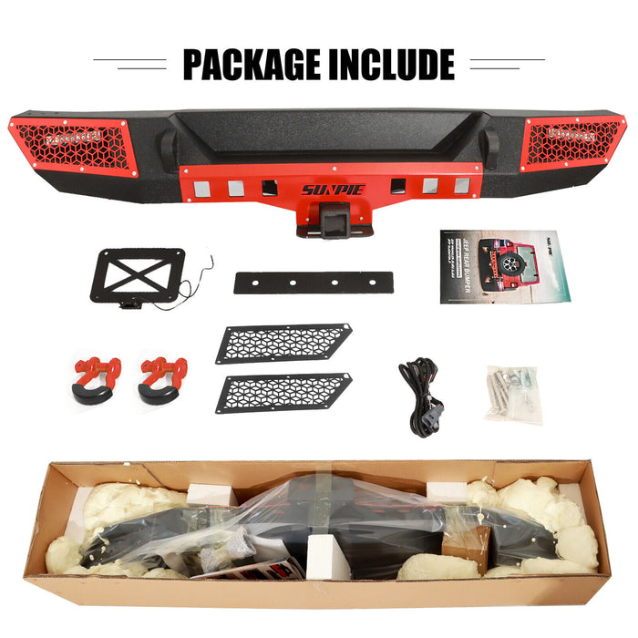Jeep JL/JLU 4xe Rear Bumper with License Plate Bracket and Lights, Sensors Holes, D-Rings, and 2" Receiver Hitch