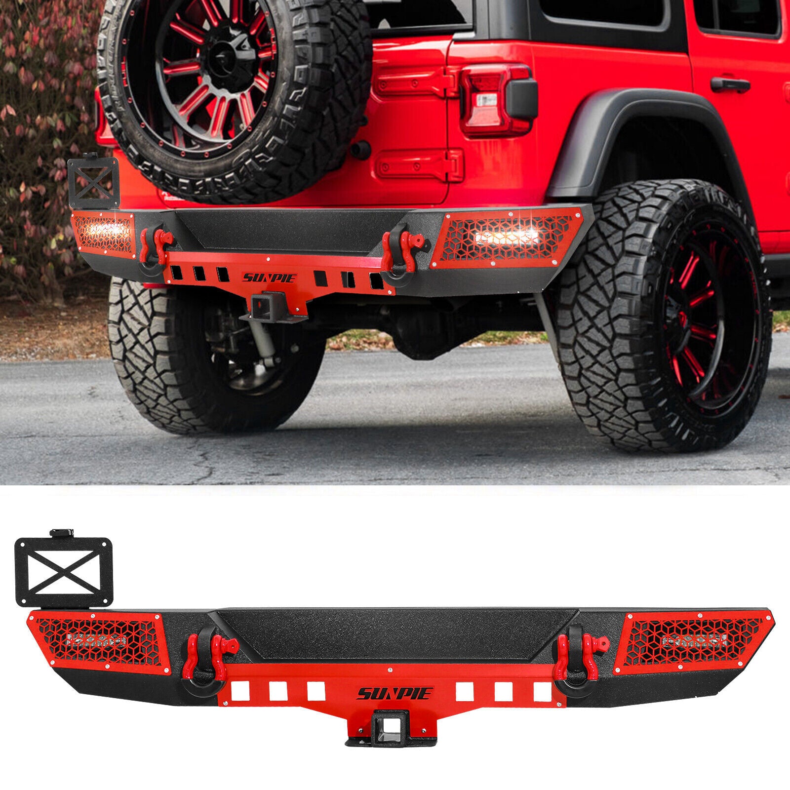 '18-'26 Jeep Wrangler JL/JLU 4xe Rear Bumper with License Plate Bracket and Lights, D-Rings, and 2" Receiver Hitch