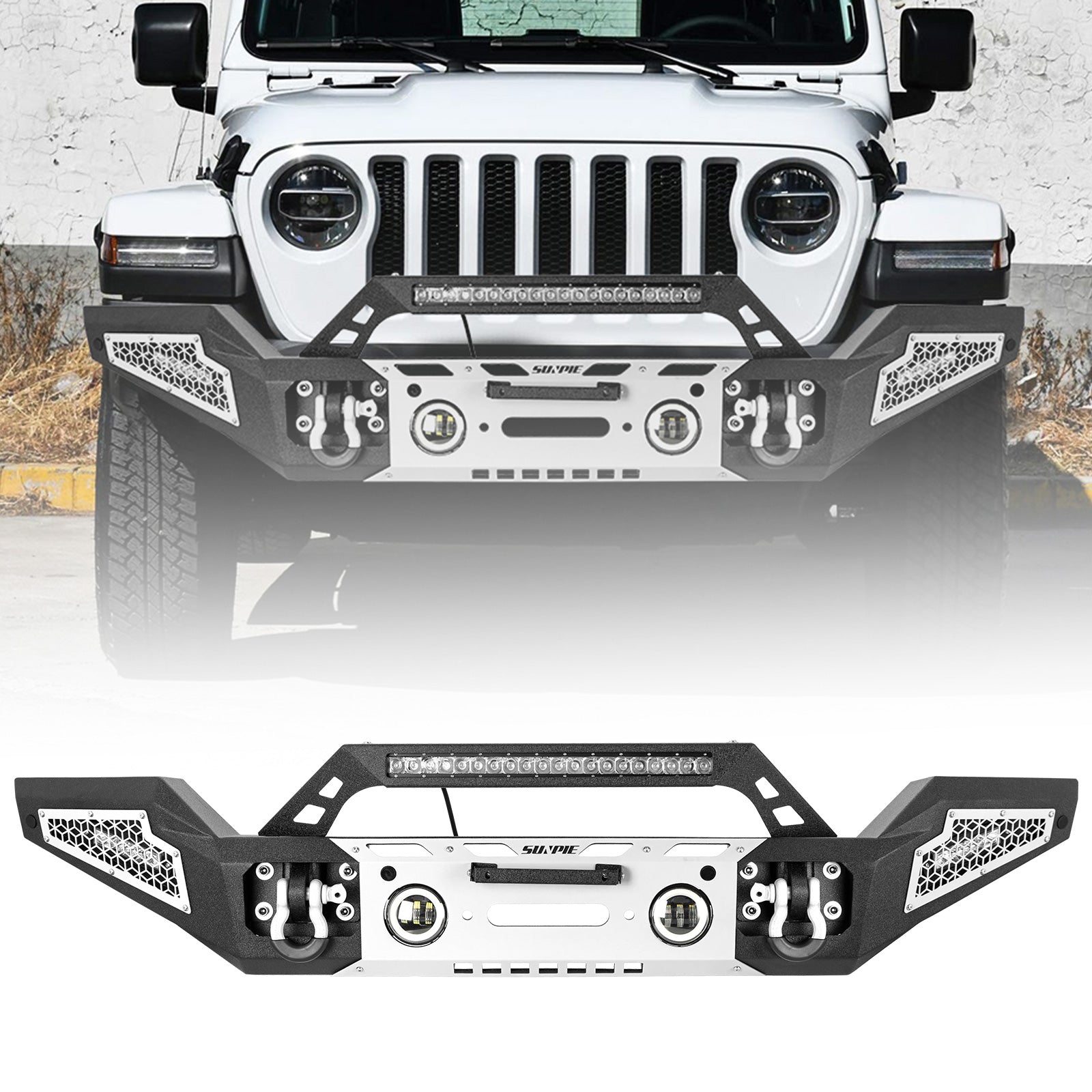 Sunpie Black Steel Jeep Front Bumper for '07 - '26 Jeep Wrangler JK/JL 4xe & Jeep Gladiator JT