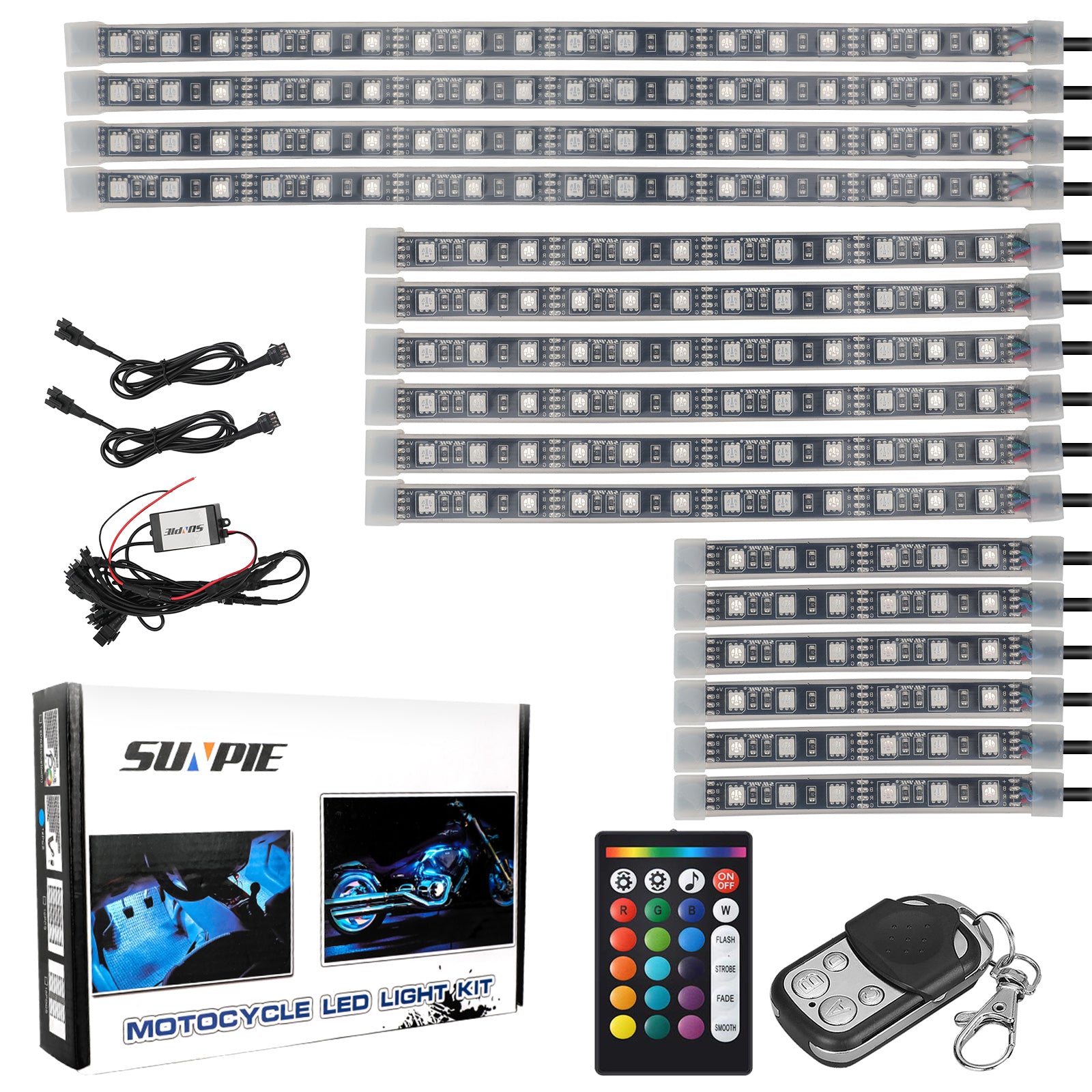 Universal Motorcycle RGB LED Light Kit with Dual Remotes (Advanced Rectangular Controller & 4-Key Keychain)