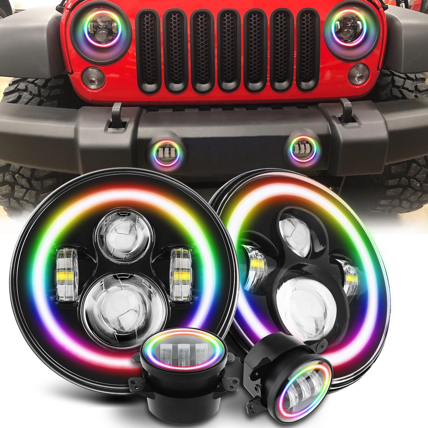 Jeep Wrangler RGB Rotating Halo Headlight Fog Light Combo