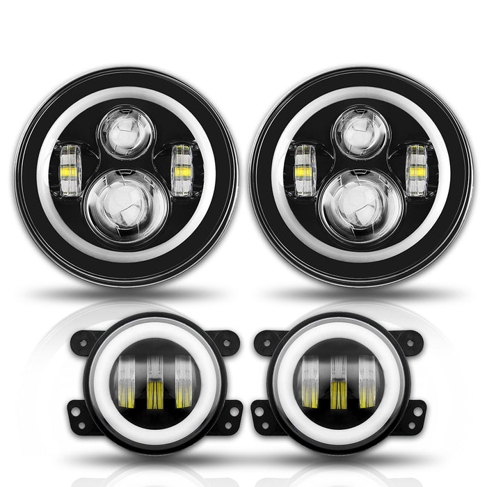 Jeep Wrangler RGB Halo Headlight and CREE LED Fog Lights Combo | Color Changing Kit with Chasing Angel Eye Ring for JK JKU 2007-2018