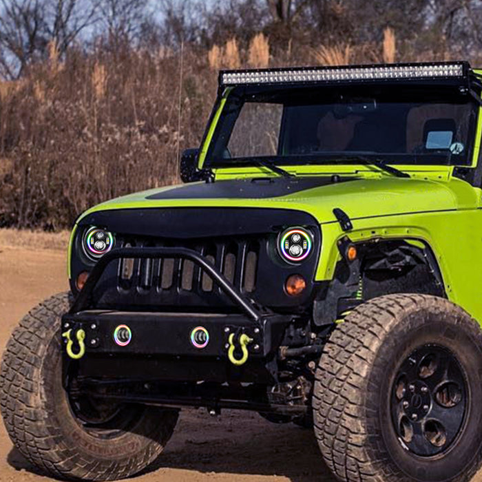 Jeep Wrangler RGB Halo Headlight and CREE LED Fog Lights Combo | Color Changing Kit with Chasing Angel Eye Ring for JK JKU 2007-2018