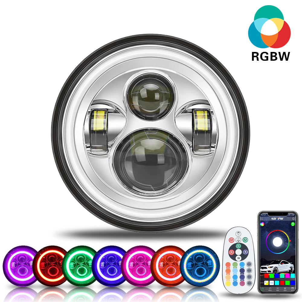 7 inch LED Headlights With RGB-W Halo Angel Eye For Harley