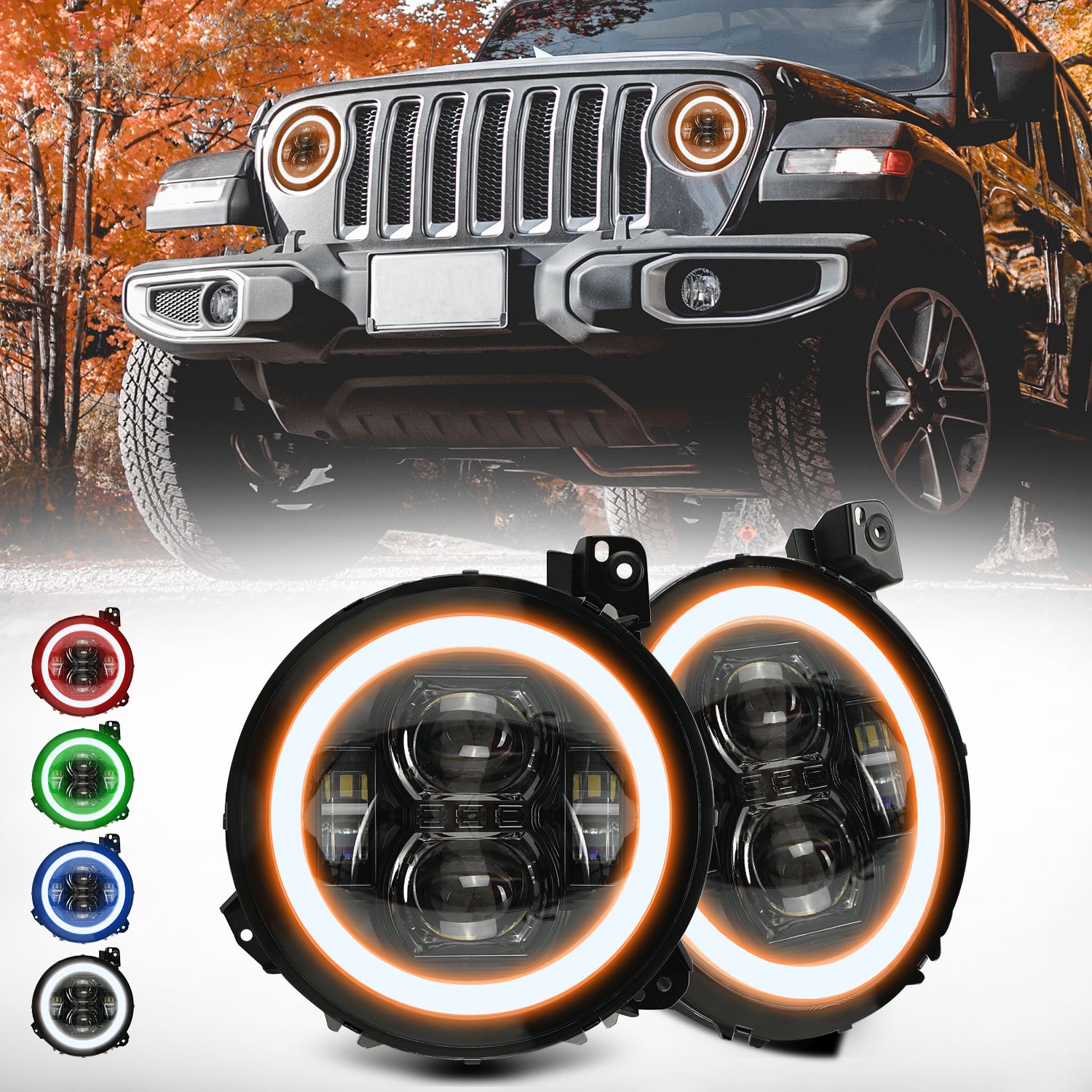 9" RGB-W Halo LED Headlights for 2018-2026 Jeep Wrangler 4xe JL & Jeep Gladiato JT (2pcs/set)