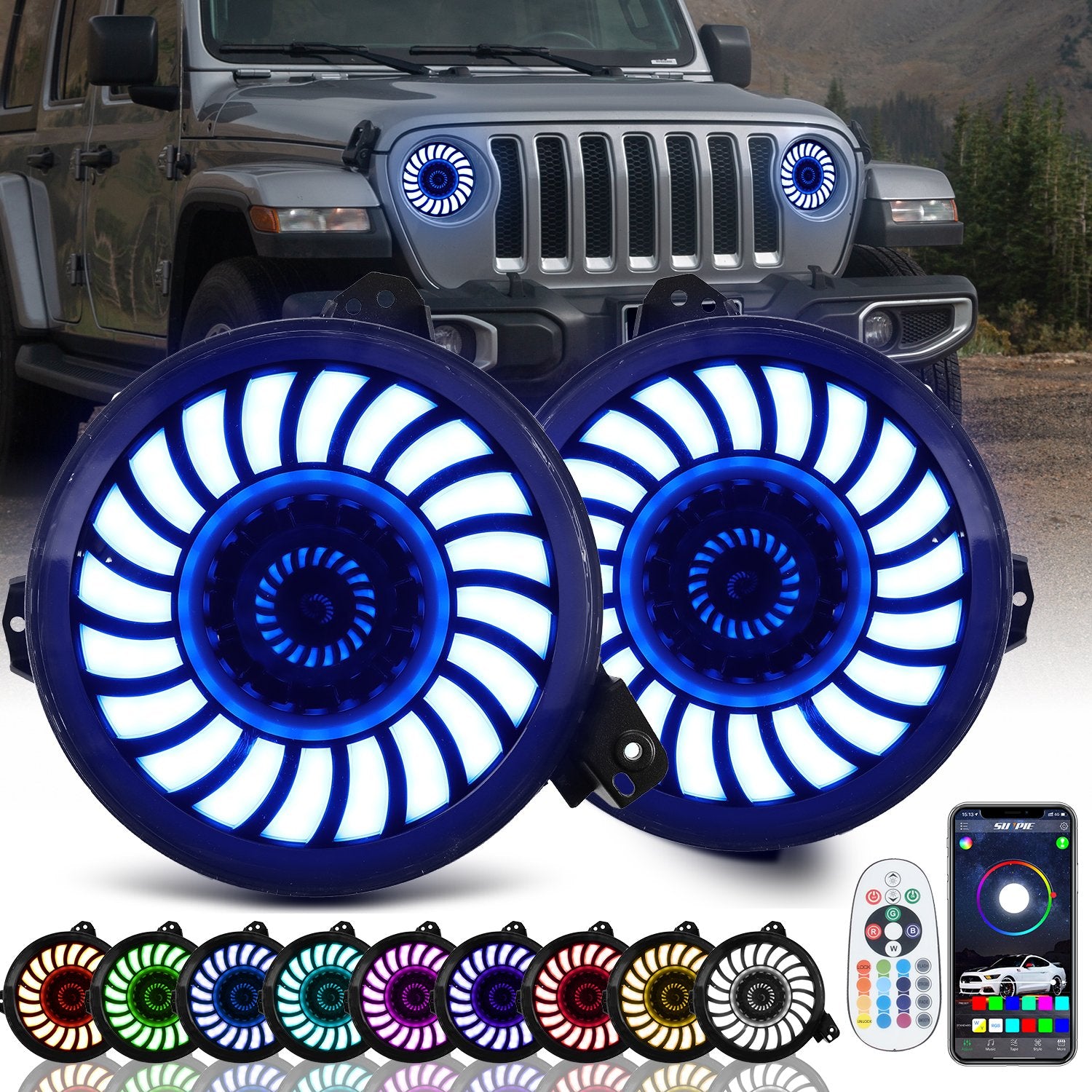 9" RGBW 3D LED Lens Halo Headlights + 4" RGBW Fog Lights Combo Kit for 2018-2026 Jeep Wrangler JL JLU 4xe & Jeep Gladiator JT