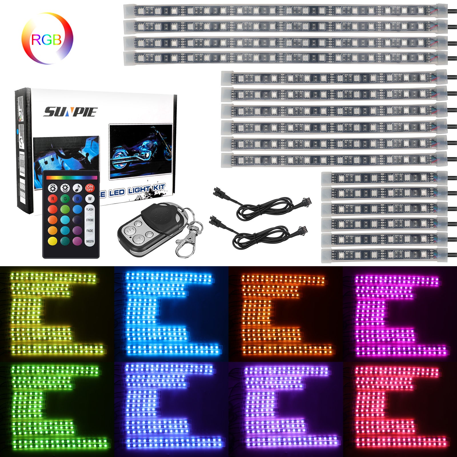 Universal Motorcycle RGB LED Light Kit with Dual Remotes (Advanced Rectangular Controller & 4-Key Keychain)