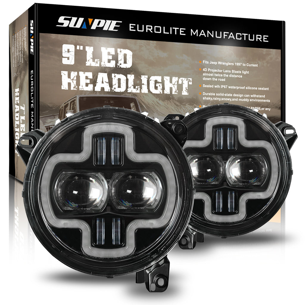 9 inch Halo DRL LED Headlights & 4 inch LED Fog Lights Combo Kit for 2018+ Jeep Wrangler JL JLU 4xe & Jeep Gladiator (JT)