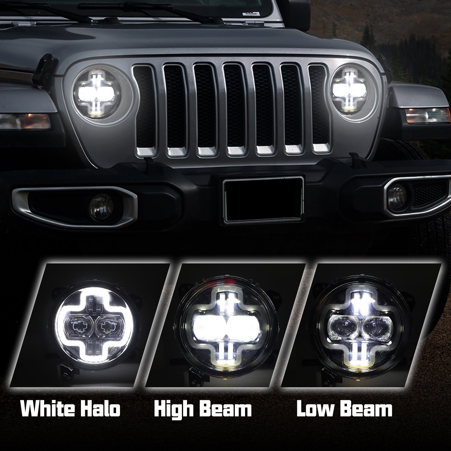 9 inch 120W Halo DRL LED Headlights for 2018-2026 Jeep Wrangler JL/JLU 4xe & Jeep Gladiator JT (2Pcs/Set)