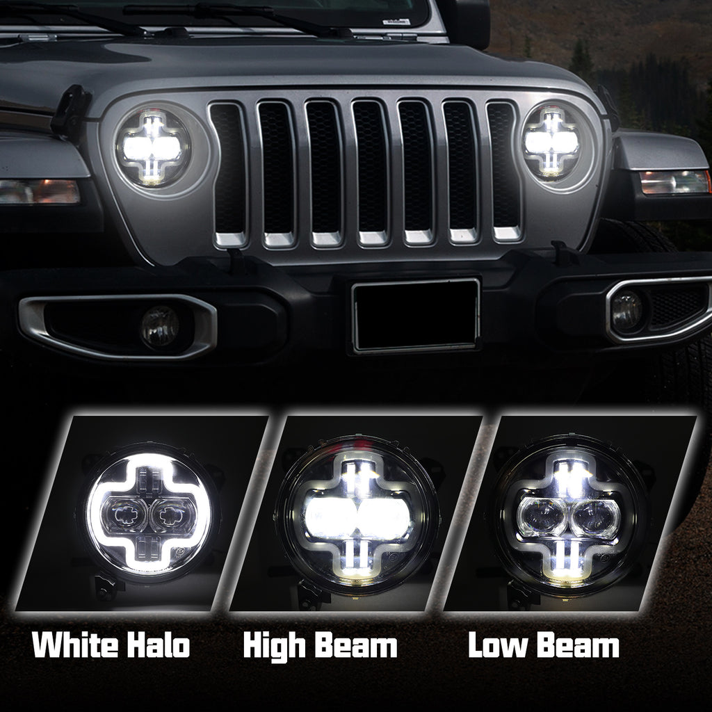 9 inch Halo DRL LED Headlights & 4 inch LED Fog Lights Combo Kit for 2018+ Jeep Wrangler JL JLU 4xe & Jeep Gladiator (JT)