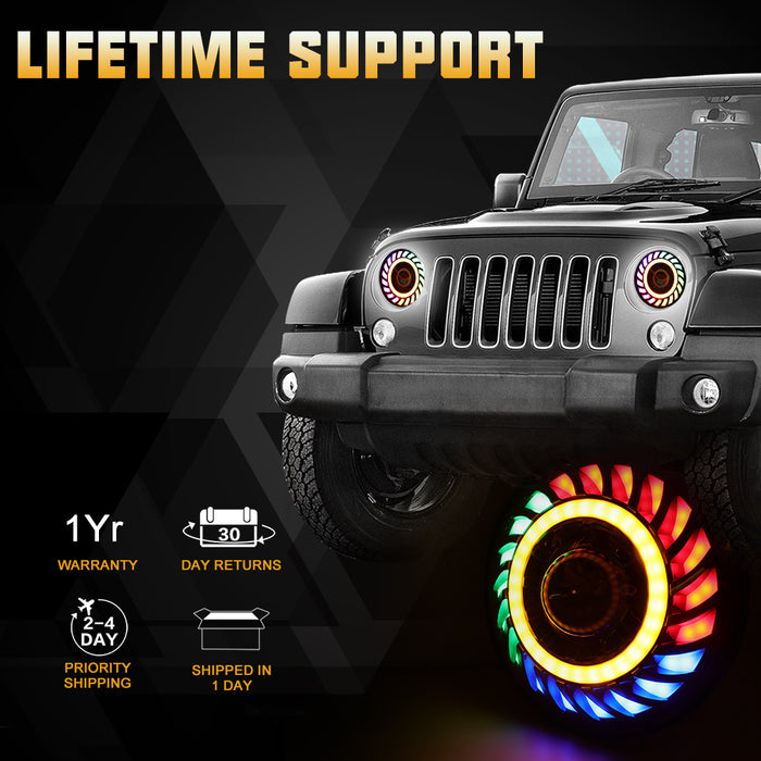 7" RGB 3D LED Lens Halo Rotating Headlights with Turn Signal for 1997-2018 Jeep Wrangler TJ LJ JK JKU(2pcs/set)