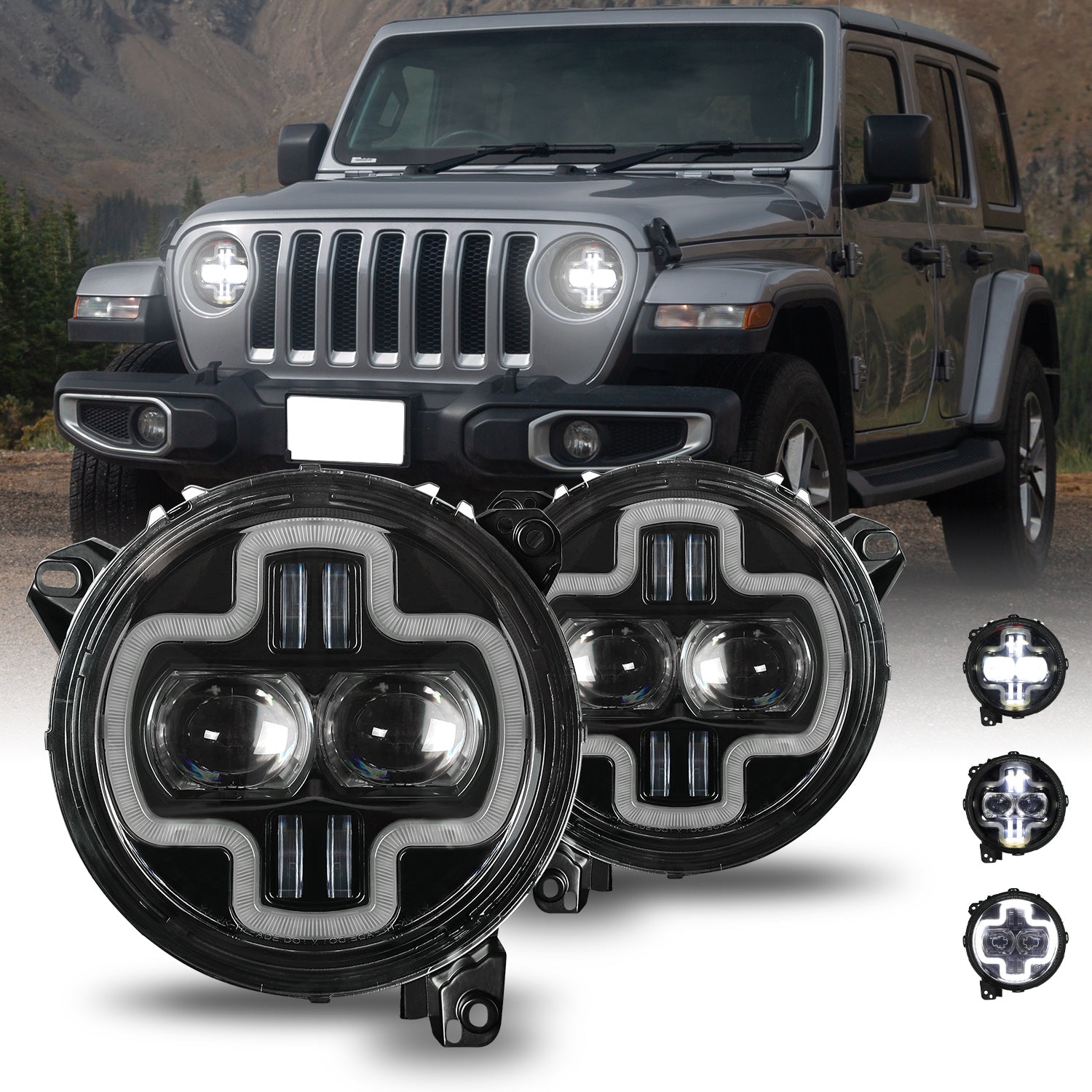 9 inch 120W Halo DRL LED Headlights for 2018-2026 Jeep Wrangler JL/JLU 4xe & Jeep Gladiator JT (2Pcs/Set)
