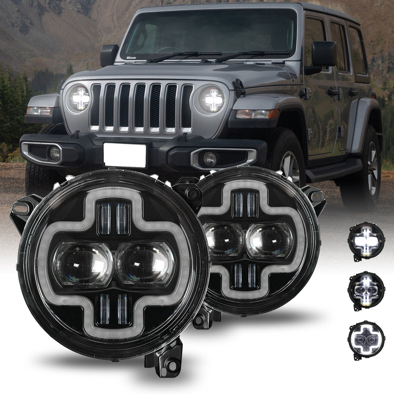 9 inch Halo DRL LED Headlights for 2018-2025 Jeep Wrangler JL/JLU & Jeep Gladiator JT (2Pcs/Set)