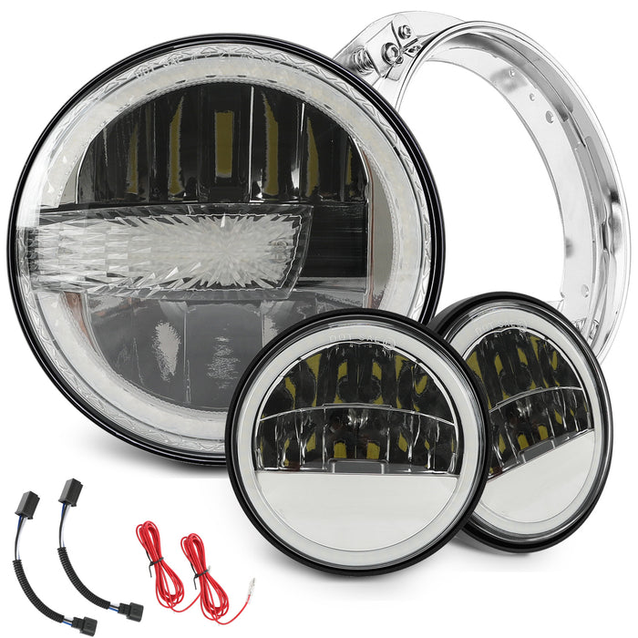 7" LED Halo Headlight with 4.5" LED Passing Lights and 7" Bracket Mounting Ring Kits for Harley Indian Yamaha Motorcycles