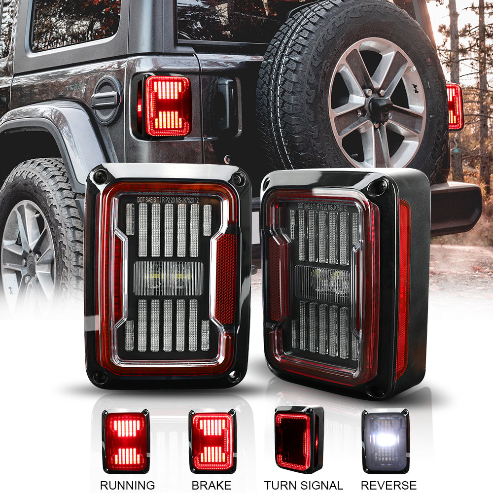 Sunpie Modern Series LED Tail Lights for '07-'18 Jeep Wrangler JK - Clear & Red Lens High-Performance Rear Lamp Upgrade (2pcs/set)