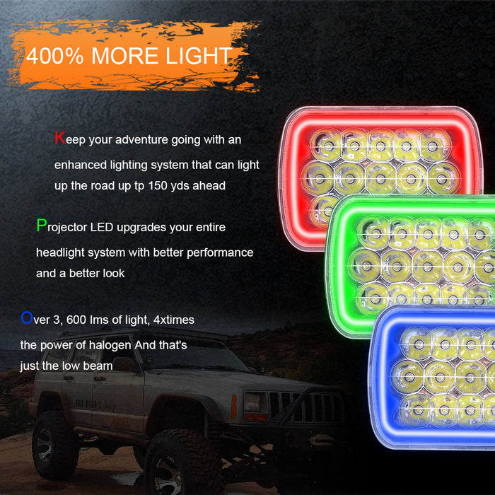 Sequential RGBW Halo 5x7 LED Headlights for Jeep Wrangler YJ XJ GMC Ford Truck Cherokee Chevy Toyota Nissan Dodge (2pcs/set)