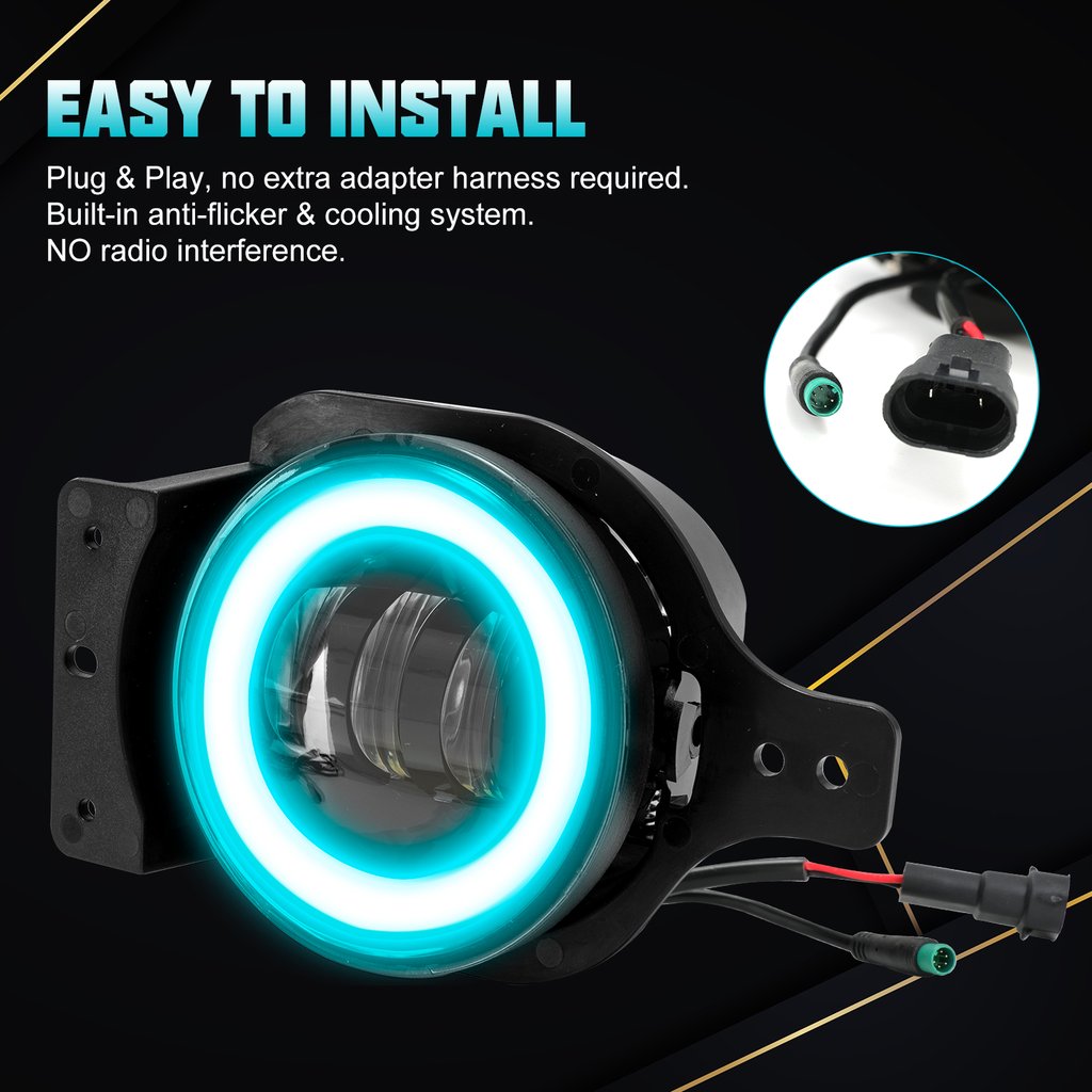 9" RGBW 3D LED Lens Halo Headlights + 4" RGBW Fog Lights Combo Kit for 2018-2026 Jeep Wrangler JL JLU 4xe & Jeep Gladiator JT