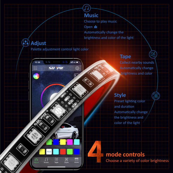 Flexible LED Strip Interior Lighting Underglow Lighting Kit Wheel Well LED Light Kit With function of RGB Color Change, 4 Pieces 24" Multi-Color LED Strips for Vehicle