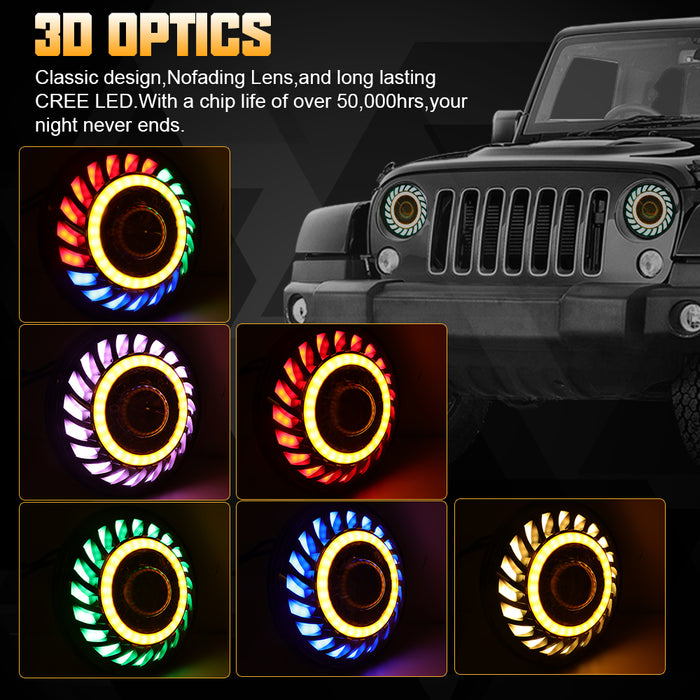 7" RGB 3D LED Lens Halo Rotating Headlights with Turn Signal for 1997-2024 Jeep Wrangler TJ LJ JK JKU JL JLU (2pcs/set)