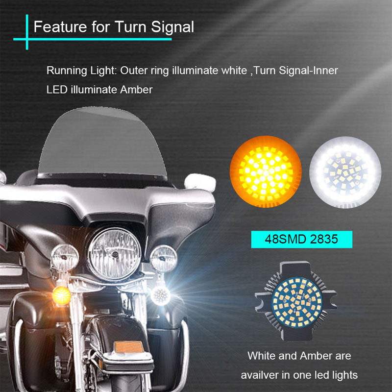 Flat Style 1157 Front LED Turn Signal Inserts for Harley Davidson - White/Amber Switchback (Pair)
