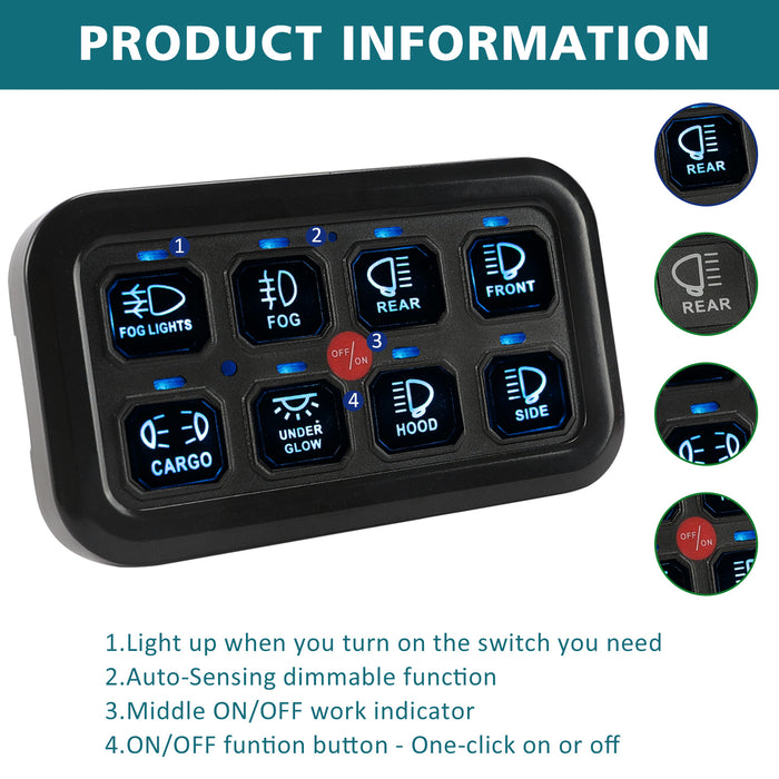 Sunpie Universal 12V Auxiliary 8 Gang Switch Panel with Automatic Dimmable