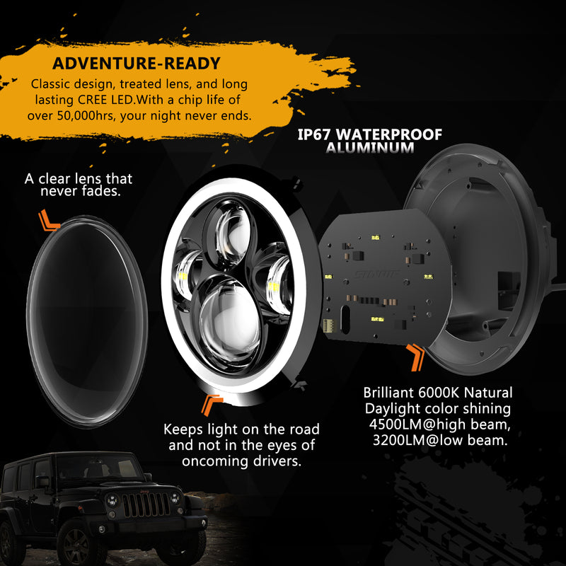 1pc 7 Inch LED Halo Headlights with Turn Signal Amber DRL White for Jeep Wrangler 1997-2017 JK JKU TJ LJ Rubicon Sahara Unlimited White DRL/Amber