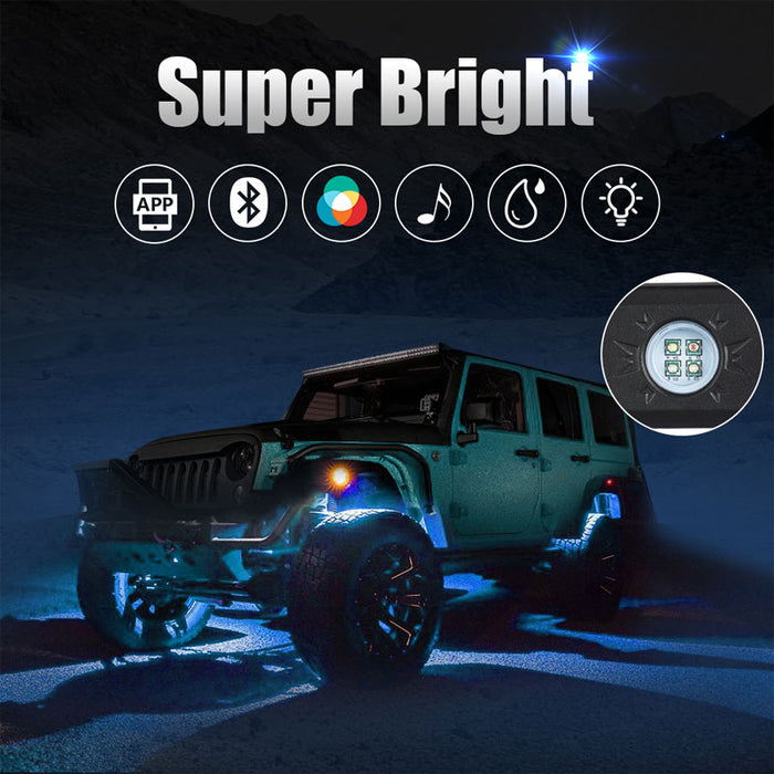 Sunpie RGB-W 4 pod Mini LED Rock Lights Kits Bluetooth & Remote Dual Control