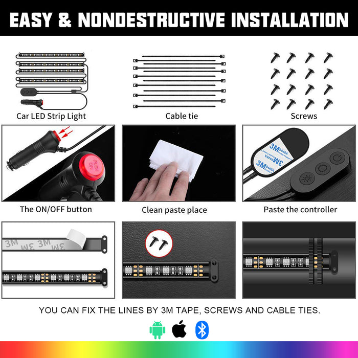 Car Interior & Strips Lights with App and Remote Control Waterproof LED Atmosphere Car Lights Come with 48 LED Chip 8.8ft Length Indoor Lights
