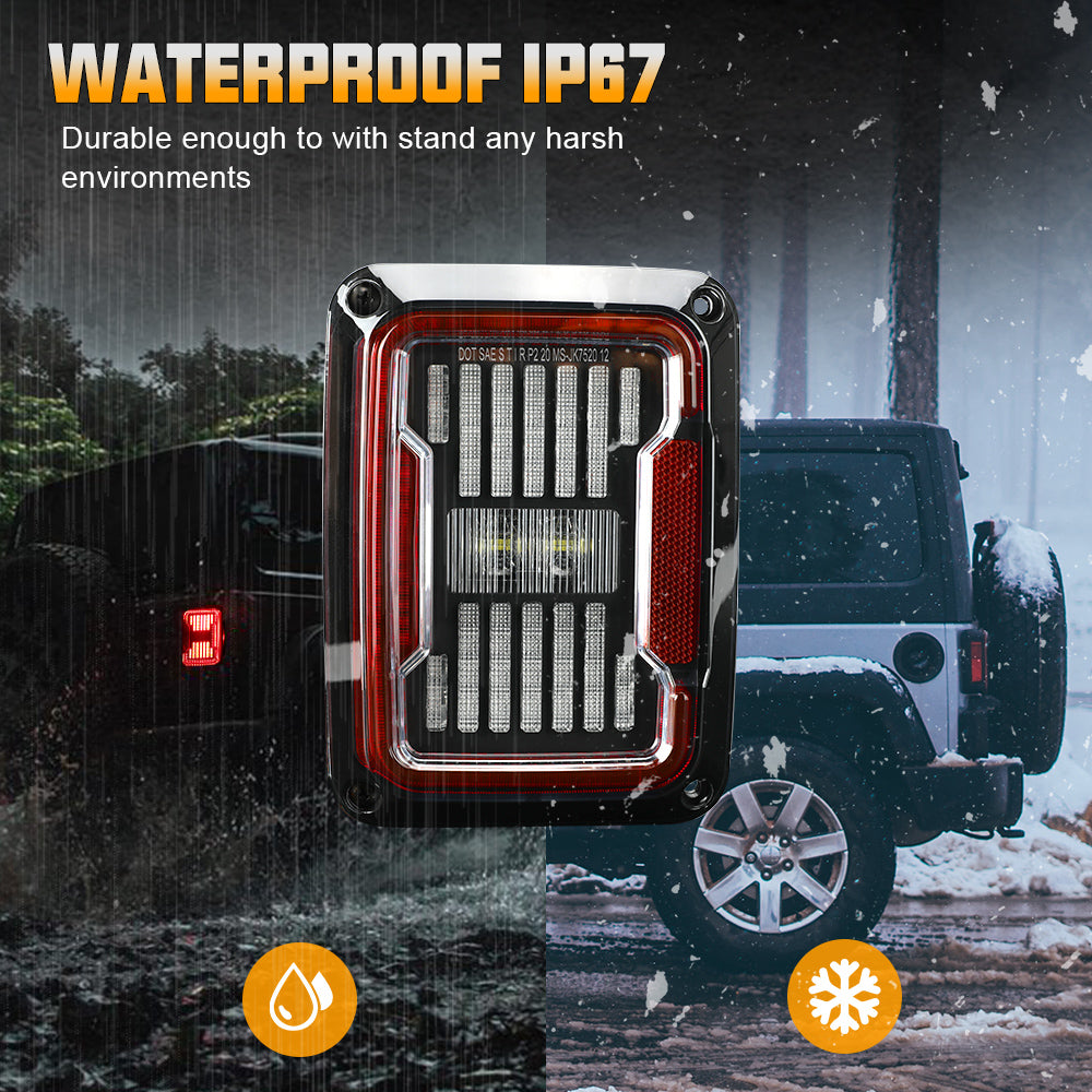 Sunpie Modern Series LED Tail Lights for '07-'18 Jeep Wrangler JK - Clear & Red Lens High-Performance Rear Lamp Upgrade (2pcs/set)