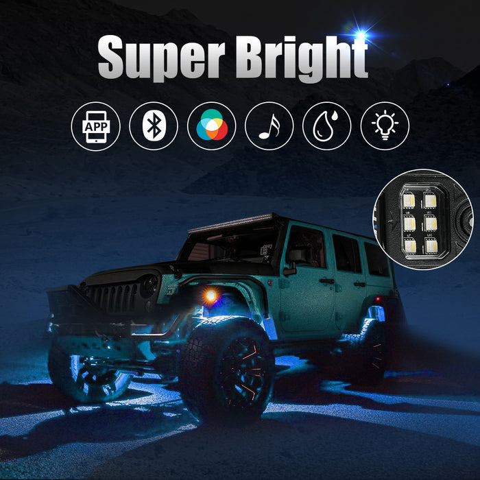 Sunpie 6 PCS RGBW Rectangle Series LED Rock Lights Bluetooth & Remote Controller