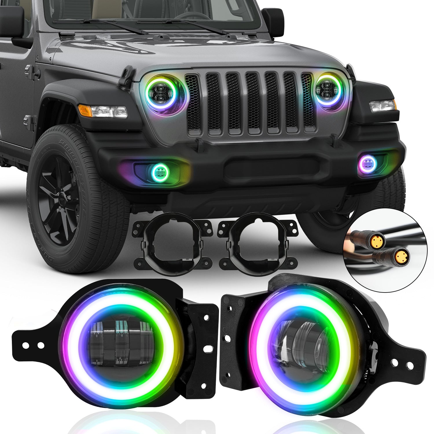 4 inch RGB Halo Rotating Series LED Fog Lights for 2018-2026 Jeep Wrangler 4xe JL JLU Jeep Gladiator (JT) (2pcs/set)