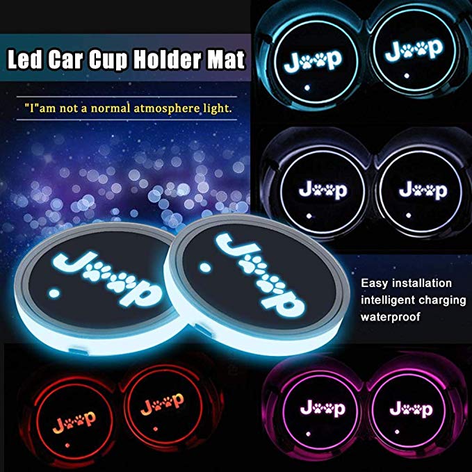 Sunpie Car RGB LED Cup Holder Mats Lights for Jeep Wrangler JK JKU Accessories Interior Decoration Atmosphere Lamp Coaster (2pcs/set)