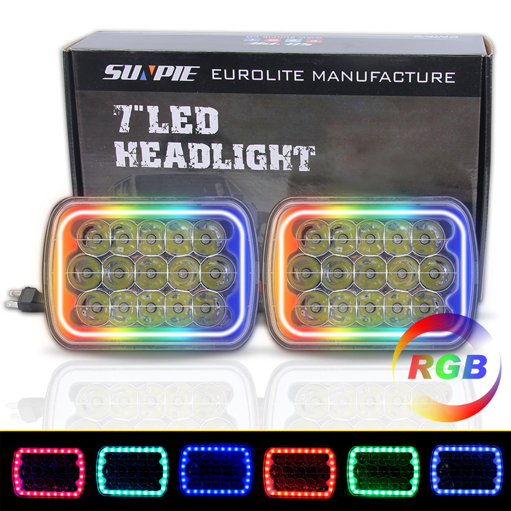 Sequential RGBW Halo 5x7 LED Headlights for Jeep Wrangler YJ XJ GMC Ford Truck Cherokee Chevy Toyota Nissan Dodge (2pcs/set)