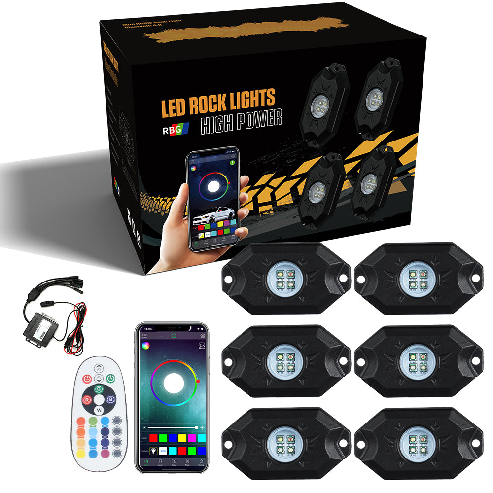 Sunpie 6 Pods RGBW Hexagonal Series LED Rock Lights Multicolor Underglow Neon Light Kit with Bluetooth Controller, Music Mode