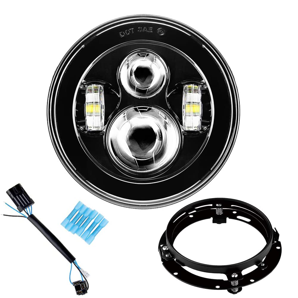 (Chrome/Black) 7" Harley Headlight with Bracket Mounting Ring Combo Kits