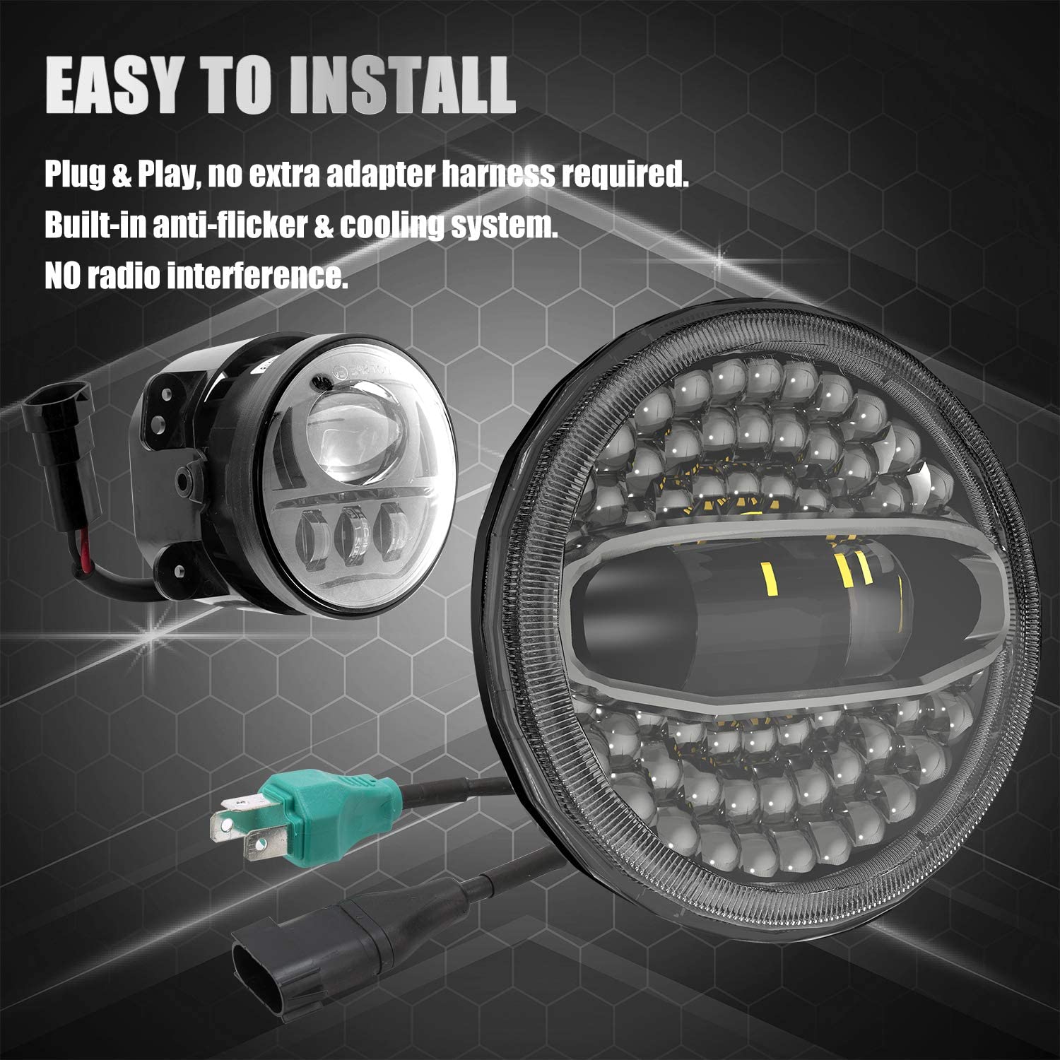7" Halo LED Headlights & 4" Fog Lights 3D Lens with White DRL & Amber Turn Signal Combo Kit for 2007-2018 Jeep Wrangler JK JKU
