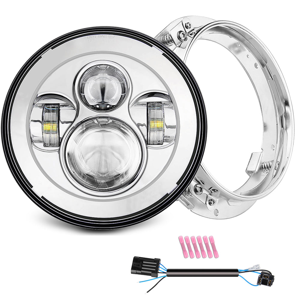 (Chrome/Black) 7" Harley Headlight with Bracket Mounting Ring Combo Kits