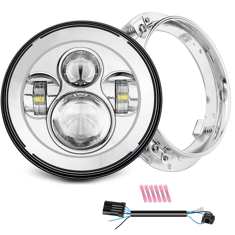 (Chrome/Black) 7" Harley Headlight with Bracket Mounting Ring Combo Kits