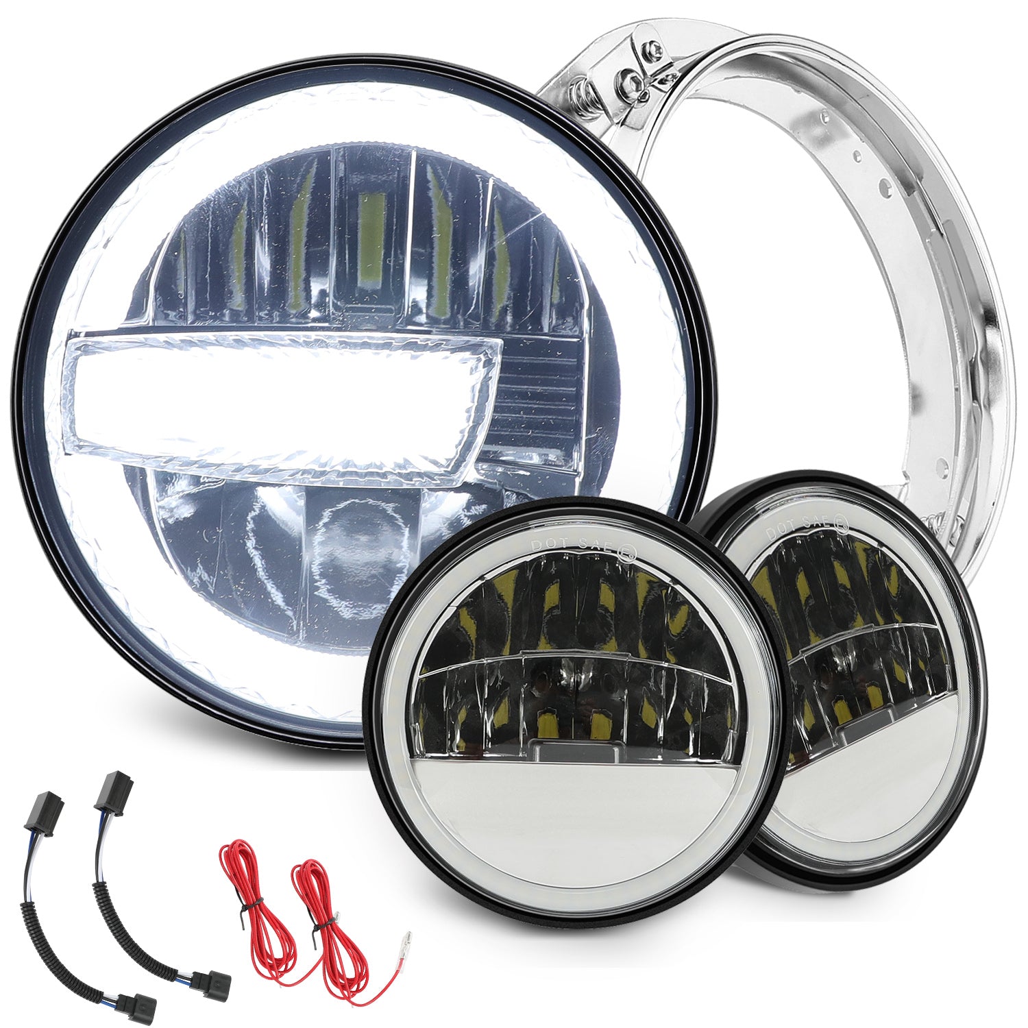 7" LED Halo Headlight with 4.5" LED Passing Lights and 7" Bracket Mounting Ring Kits for Harley Indian Yamaha Motorcycles