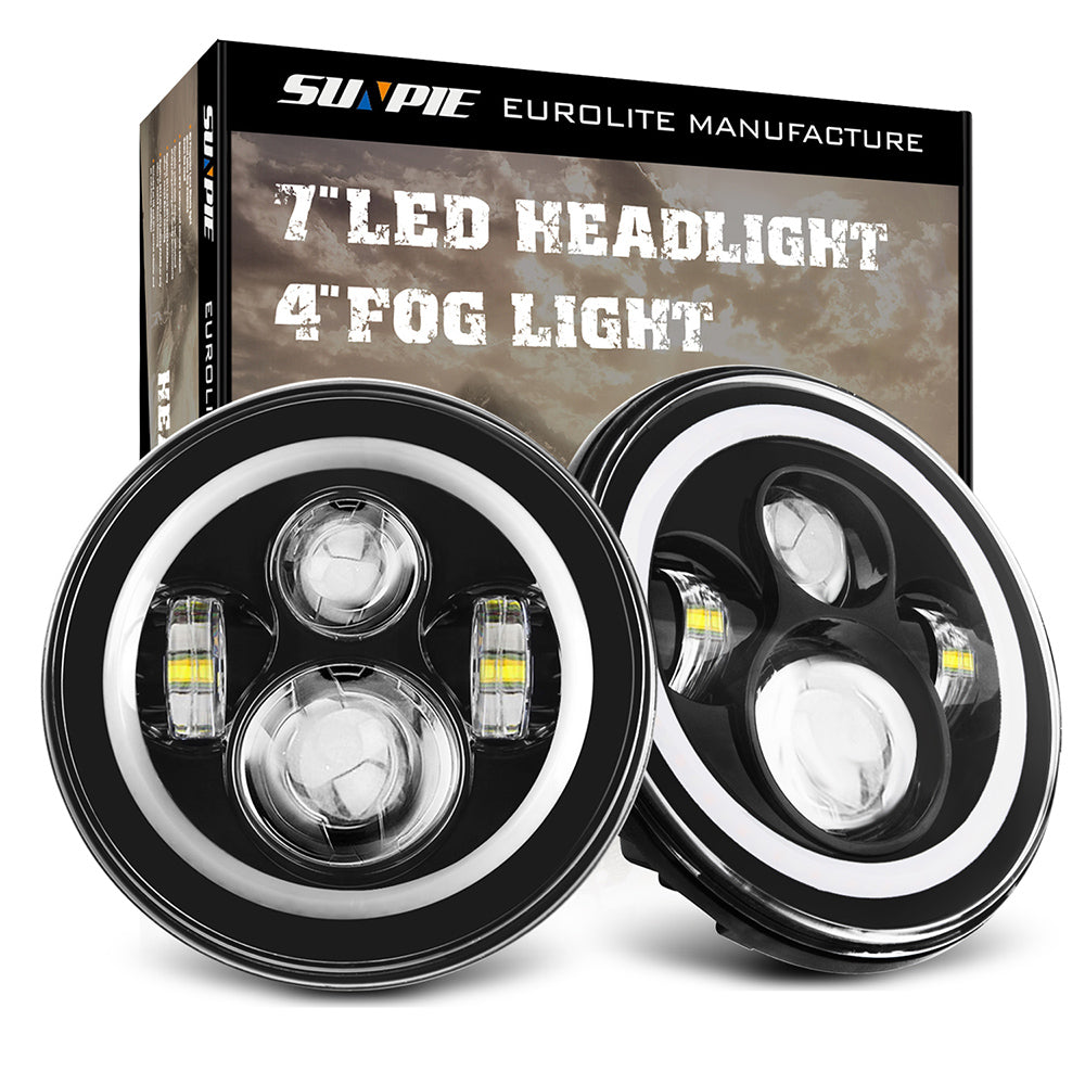 Sunpie 7 LED Headlight with Halo Angel Eye Ring & DRL & Turn Signals