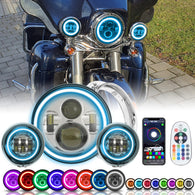 7" Motorcycle (Chrome/Black) RGBW LED Headlight for Harley Davidson with 4-1/2 LED Fog Lights and Bracket Mounting Ring