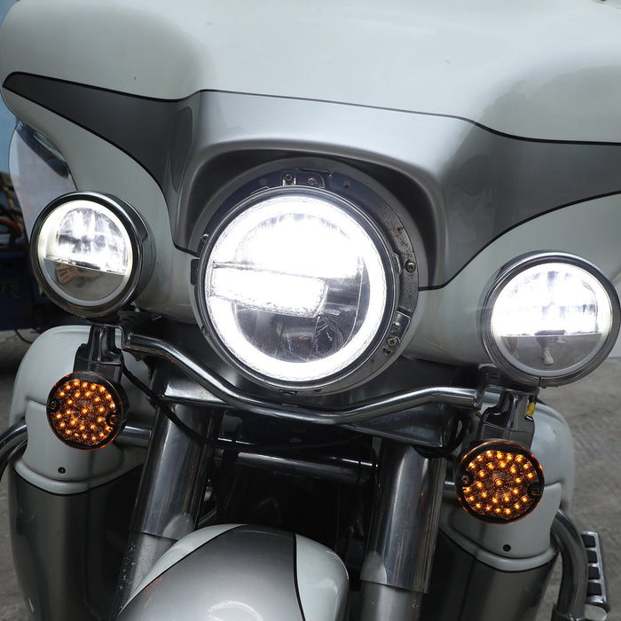 7" LED Halo Headlight with 4.5" LED Passing Lights and 7" Bracket Mounting Ring Kits for Harley Indian Yamaha Motorcycles