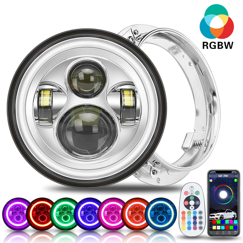 Sunpie 7 inch Chrome RGBW Headlight with Bracket Mounting Ring Combo Kits for Harley